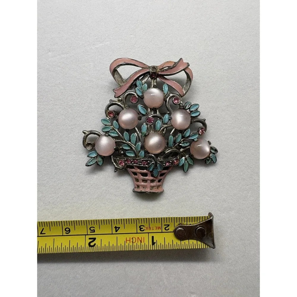 Vintage Pink Faux Moonstone With Rhinestone Enamel‎ Flowers Brooch